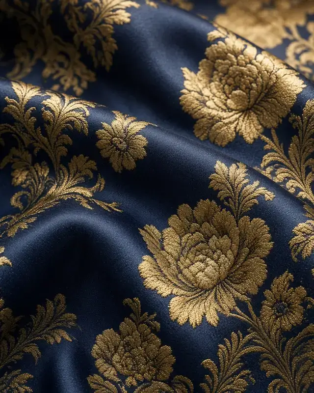 Tela de espolín azul y oro, con pliegues suaves